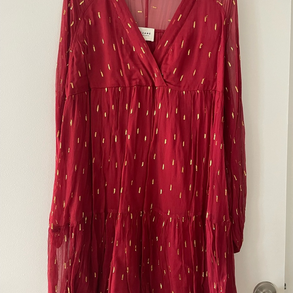 Sézane Elegant Red Dress with Gold Accents